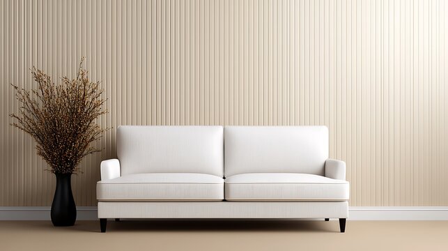 Minimalist Living Room Interior with White Sofa, Beige Walls, and Decorative Vase in a Peaceful Setting.
