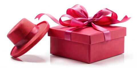 Poster - A Crimson Gift Box with a Matching Hat, Beautifully Wrapped with a Satin Ribbon Bow