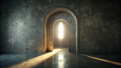 Poster - A sunlit passageway within an ancient, stone edifice, featuring ornate carvings and a serene atmosphere