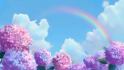 Wall Mural - blue sky with a rainbow, white clouds, and purple hydrangea flowers in the background. the