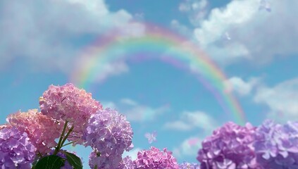 Wall Mural - blue sky with a rainbow, white clouds, and purple hydrangea flowers in the background. the