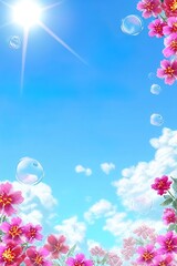 Wall Mural - blue sky with white clouds, pink flowers in the foreground, sun shining brightly, bubbles floating
