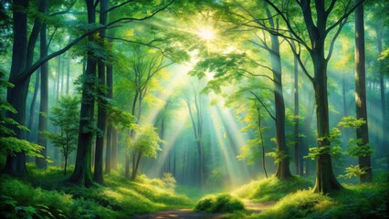 Poster - Sunbeams Illuminate a Mystical Forest Path, Creating an Enchanting Atmosphere of Tranquility and Natural Beauty