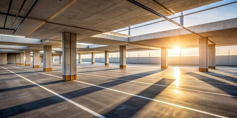 Aufkleber - Sunlit Modern Concrete Parking Structure with Defined Parking Spaces and Geometric Shadows