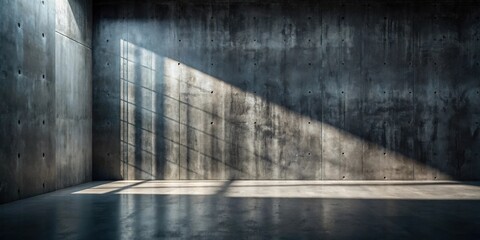Poster - Sunlit Industrial Interior  Empty Room with Textured Concrete Walls and Polished Floor Featuring Dramatic Light and Shadow Patterns