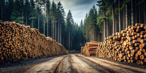Poster - Forest Road Lined with Stacks of Timber Logs, a Pathway Through a Lush Green Coniferous Forest
