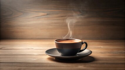 Poster - Aromatic Steam Rising from a Dark Coffee Cup Resting on a Rustic Wooden Table