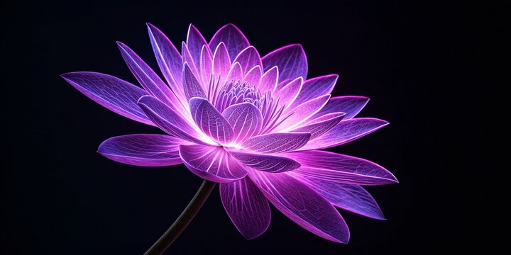 Neon Lotus 3D Render, Purple Flower, Glowing Petals, Dark Background, Digital Art. lotus flower, 3d rendering