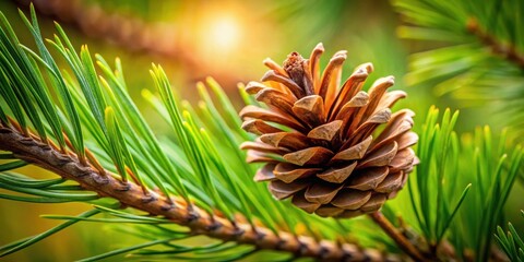 Poster - A sunlit pine cone nestled amongst vibrant green needles on a branch