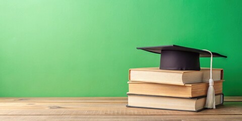 Poster - Graduation Cap Atop Stack of Books on Wooden Surface Against a Green Background
