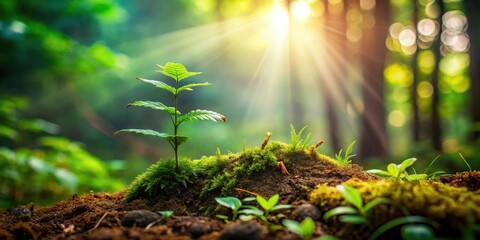 Poster - A young sprout emerges from the earth, bathed in sunlight filtering through a verdant forest canopy, showcasing the beauty of nature's renewal and resilience.