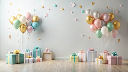 Poster - A festive room scene with pastel-colored balloons and beautifully wrapped presents, creating a joyful and celebratory atmosphere