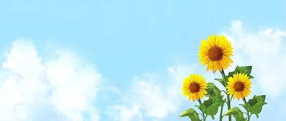 Wall Mural - the background is a blue sky with white clouds, with three sunflowers growing on the right side.