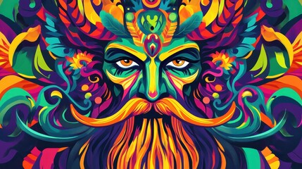  Colorful deity face, vibrant swirls, fantasy art, poster design