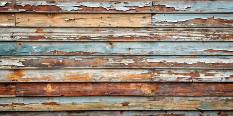 Poster - Aged Weathered Horizontal Wooden Planks with Peeling Paint and Knots, Showing Rustic Texture and Time's Passage