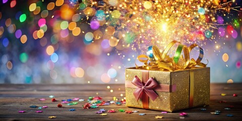 Poster - A Sparkling Celebration A Golden Gift Box Unveiled with Festive Lights and Confetti on a Wooden Surface