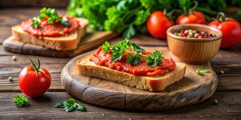 Poster - Appetizing tomato bruschetta on rustic wooden board with fresh parsley garnish and ripe tomatoes
