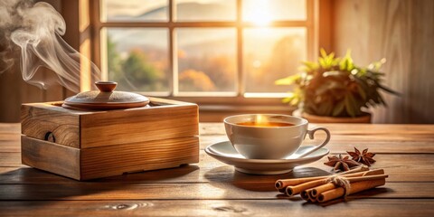 Poster - Warmth of a sunlit morning tea ritual, steaming brew in a ceramic cup, wooden box, cinnamon sticks, and star anise on rustic wooden table