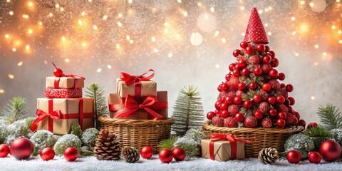Aufkleber - Festive Winter Scene with Decorated Miniature Christmas Tree and Wrapped Gifts in Wicker Baskets Surrounded by Festive Ornaments and Evergreen Branches on Snowy Surface with Sparkling Background