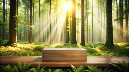 Poster - Serene Forest Vista A Wooden Platform Showcases the Tranquil Beauty of Nature's Sunlight Filtering Through Lush Green Canopy