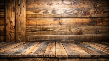Leinwandbilder - Rustic Wooden Planks Create a Picturesque Display Surface Against a Weathered Wood Wall Background