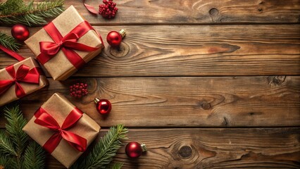 Aufkleber - Rustic Wooden Background Featuring Wrapped Gifts, Festive Ornaments, and Evergreen Branches for a Holiday Celebration