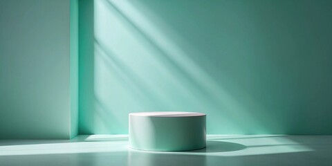 Poster - Minimalist Pale Green Studio Scene with Cylindrical Display Platform Illuminated by Sunlight