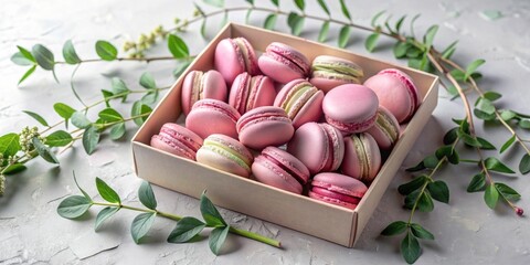 Poster - A delightful assortment of pastel pink and light green macarons nestled in an elegant box, adorned with vibrant green foliage.