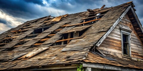 Poster - A weathered wooden structure with a severely damaged roof under a dramatic sky