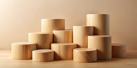Leinwandbilder - Elegant Wooden Cylinders Arranged on a Light Wooden Surface Against a Neutral Background for Product Display