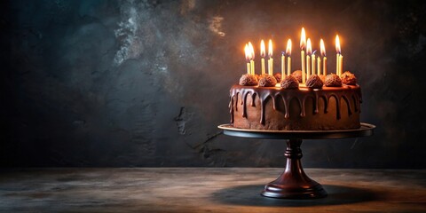 Poster - A decadent chocolate cake adorned with chocolate truffles and lit candles, displayed elegantly on a dark cake stand against a textured backdrop.