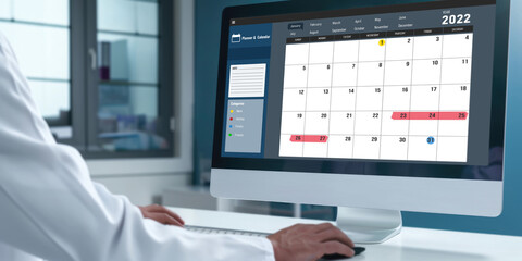 Poster - calendar on computer software application for brisk schedule planning for personal organizer and onl