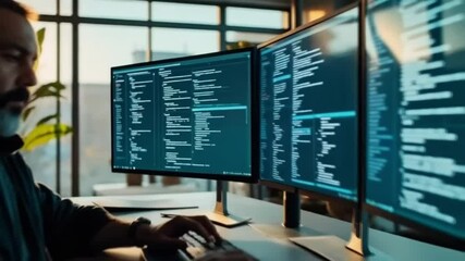 A man is sitting in front of three computer monitors, typing on a keyboard. Smooth repetitive motion for background video animation.