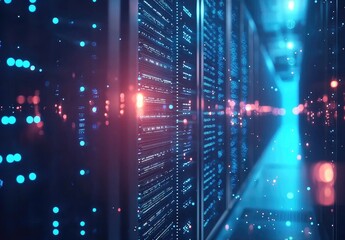 Poster - Futuristic server room glowing with blue and pink lights, floating particles and illuminated racks, ideal for cybersecurity visuals, cloud technology ads, and IT infrastructure marketing