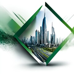Poster - Dynamic View: Futuristic Cityscape Within a Modern Green Frame, Emphasizing Architectural Innovation