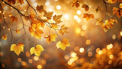 Aufkleber - Golden Autumn Leaves Glowing with Warm Lights on a Branch Against a Soft Bokeh Background