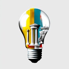 Poster - Ideas Encapsulated: A Lightbulb's Reflection of Architecture, Travel, and Creative Vision with Colorful Backgrounds