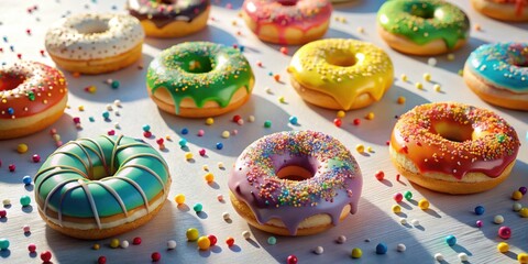 Poster - A Delightful Arrangement of Colorful Glazed Donuts with Sprinkles on a White Surface
