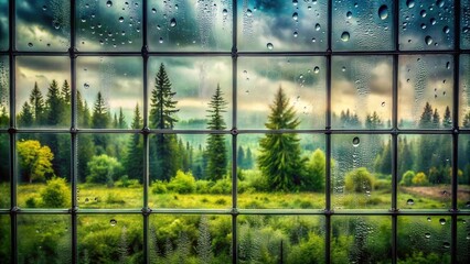 Poster - A Rainy Day View Through a Paned Window Showing a Lush Green Forest