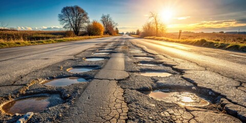 Aufkleber - A Sunset View of a Rural Road with Extensive Potholes and Cracks