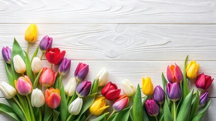 Poster - Vibrant Spring Tulips Arranged on a White Wooden Surface, Creating a Festive and Cheerful Floral Display Ideal for Greetings or Celebrations