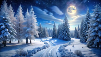 Aufkleber - Serene Winter Wonderland Snow-Covered Trees Under a Full Moon and Starlit Sky, Pathway Winding Through a Frosty Forest
