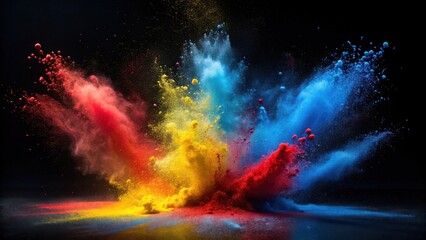 Aufkleber - Vibrant Color Explosion A Dynamic Display of Red, Yellow, and Blue Powder Clouds Against a Dark Background