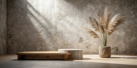 Fototapete - Serene Minimalist Display Featuring Wooden Platforms and Dried Pampas Grass Against a Textured Wall