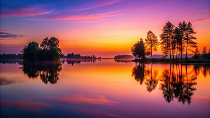 Poster - Serene Sunrise Over a Still Lake with Silhouetted Trees and Their Reflections