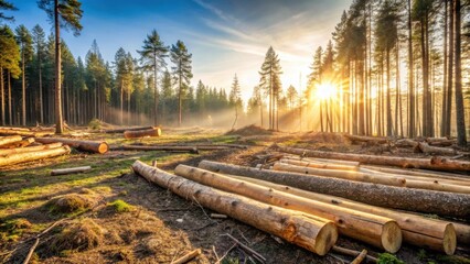Aufkleber - Golden Hour Lumber Harvest Sunbeams Illuminate a Recently Harvested Pine Forest, Showcasing the Abundance of Timber and the Natural Beauty of the Woods