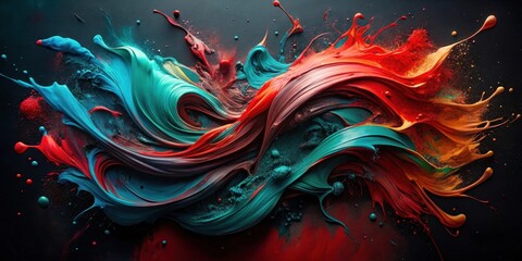 Fototapete - Abstract Swirling Vibrant Hues of Teal, Red, and Orange Paint in Dynamic Composition