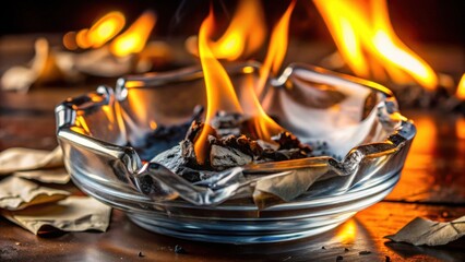 Poster - Burning embers in a glass ashtray on a dark wooden surface with blurred flames in the background