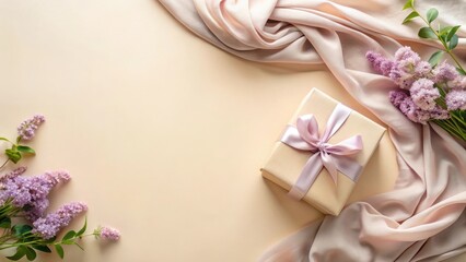 Poster - Elegant Gift Presentation with Delicate Lilac Flowers and Soft Draped Fabric