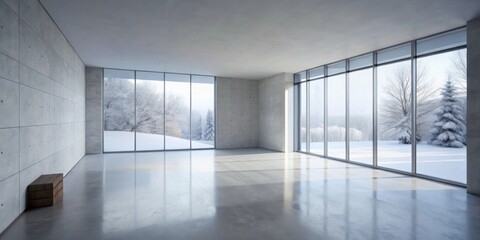 Fototapete - Modern minimalist interior design showcasing expansive windows offering a serene winter landscape view